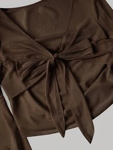 SHEIN MOD 女款修身長袖上衣與百褶裙兩件套 - 棕色 - 查看 4