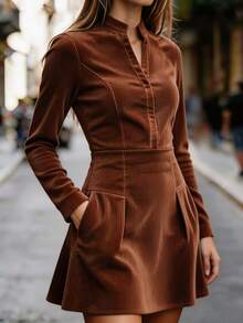 Balvessa Women's Autumn/Winter Corduroy Fabric Small Stand Collar Long Sleeve Short Dress - Brown - View 4