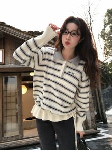 DAZY Sweater Wanita Berkerah Motif Garis Lengan Panjang Gaya Korea untuk Musim Gugur/Dingin - Light Grey - View 5