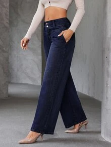 SHEIN Tall Celana Jeans Kaki Lebar dengan Kantong Miring - Biru - View 6