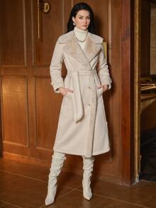 Anewsta Women's Autumn/Winter Beige Lapel Shearling Double-Breasted Tie Long Commuter Coat Jacket - Beige - View 6