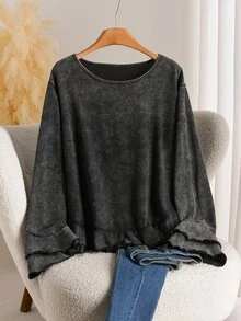 CosyJoli Women Plus Size Ruffle Design Fashion Long Sleeve T-Shirt Black Snowflake Print - Black - View 4