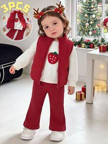 SHEIN 3pcs Toddler Girl Vest Sweatshirt Pants Cute Red White Strawberry Patch Ribbed Long Sleeve Thick Winter Holiday Katseye Capybara Elastic Set - Red - View 3
