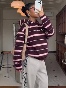 Muchica 休閒學院風條紋滿版印花女款輕量運動衫，適合秋冬穿著 - 彩色 - 查看 5