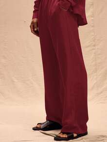 Musero 男士大尺寸亞麻長褲 春夏度假復活節專用 - 酒紅色 - 查看 3