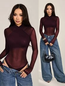 SHEIN PETITE 女款性感純色網紗包覆式連身衣 - 中紫紅色 - 查看 1