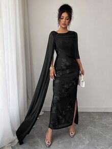 SHEIN Raffinéa 網紗花卉修身披肩洋裝，女款夏季派對晚禮服 - 黑色 - 查看 6