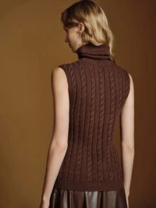 Anewsta Essential Rompi Rajut Kabel Leher Tinggi Tanpa Lengan dengan Hiasan Rantai Gaya Retro Slim Fit Tank Top Rajut - Coffee Brown - View 7