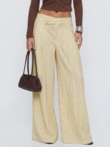 Avantive Women's High Waist Vertical Striped Wide Leg Long Pants - Apricot - View 3