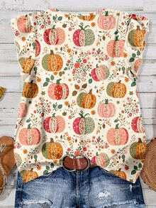EMERY ROSE Women's Casual Minimalist Halloween Pumpkin & Maple Leaf V-Neck Blouse - Multicolor - View 2