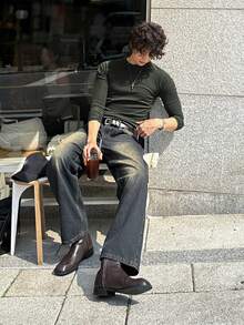 DAZY Olive Green Slim Fit Ribbed Elastic Fabric Men's Crew Neck Long Sleeve T-Shirt, Spring/Autumn - Olive Green - View 7
