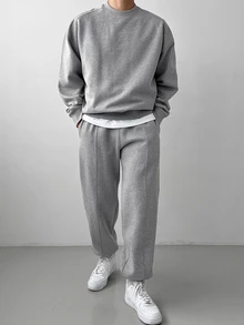 DAZY Autumn/Winter Thermal Lined Gray Floral Crew Neck Long Sleeve Ribbed Cuff & Hem Sweatshirt With Elastic Waist & Cuffed Jogger Pants Korean Style Men's Pullover Set - Grey - View 6
