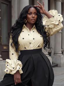Slaydiva Women Plus Size Polka Dot Shirt With Turn Collar Long Sleeve Multi-Layer Cuff Design Fall - Apricot - View 12