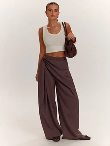 SHEIN BAE Fall Clothes For Women's Loose Solid Color Knot Asymmetric Design Casual Long Pants - Coffee Brown - View 3