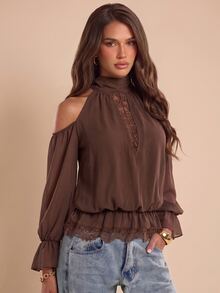 Bluhae Fashionable Elegant Loose Lace Patchwork Cold Shoulder Long Sleeve Autumn Blouse - Brown - View 3