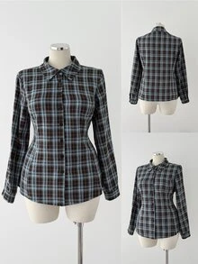 Sunspun Plus Size Vintage Blue & Brown Plaid Waist Cinched Minimalist Commuter Shirt - Blue - View 3