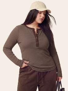 Comfortcana Plus Size Women Autumn Winter Clothing Round Neck Half Button Long Sleeve T-Shirt - Brown - View 10