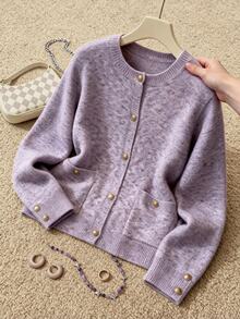 Grovea Plus Size Women's Fashion Metal Buckle Round Neck Patterned Sheer Knit Cardigan Casual Daily Wear Work Date Autumn Winter Outerwear - Multicolor - View 6