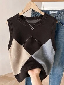 Modelyn Plus Size Women's Plaid Pattern Contrast Color Round Neck Sleeveless Knit Tank Top - Multicolor - View 3