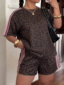 Muchica Plus Size Women Leopard Print Color Block Short Sleeve Top & Shorts 2 Pieces Set - Chocolate Brown - View 4