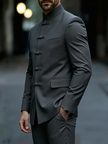 Manfinity Mode Men's Luxurious Frog Button Design Stand Collar Blazer, The Stand Collar Design Provides More Styling And Layering, Suitable For Daily Commute, Business, Party And Banquet Wear. This Blazer Is An Indispensable Versatile Item In Men's Wardrobe, Making It A Perfect Gift For Boyfriend Or Husband - Dark Grey - View 3