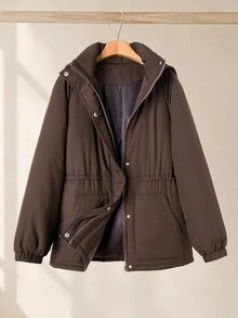 Rusticease Women's Solid Color Zipper Casual Versatile Winter Padded Coat - Chocolate Brown - View 3