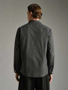 Calmiston 男士休閒條紋口袋單排扣商務襯衫上衣，針織衫 - 黑色 - 查看 6