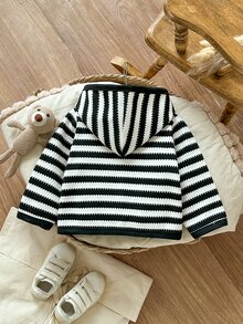SHEIN Vintaside Kids 男嬰秋冬休閒條紋連帽長袖開襟外套 日常戶外穿搭 熊圖案 灰色卡其色 印花棉襖夾克 - 黑與白 - 查看 2