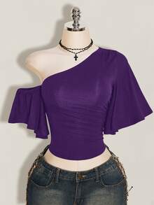 SHEIN ICON 女款性感不對稱單肩抓皺收腰上衣，適合約會穿著 - 紫色 - 查看 7