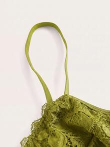 SHEIN ICON 黑色束腰式蕾絲細肩帶背心上衣 - 橄欖綠 - 查看 9