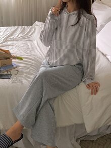 DAZY Women's Striped Long Sleeve Top And Pants Casual Daily Loungewear Set - Grey - View 3