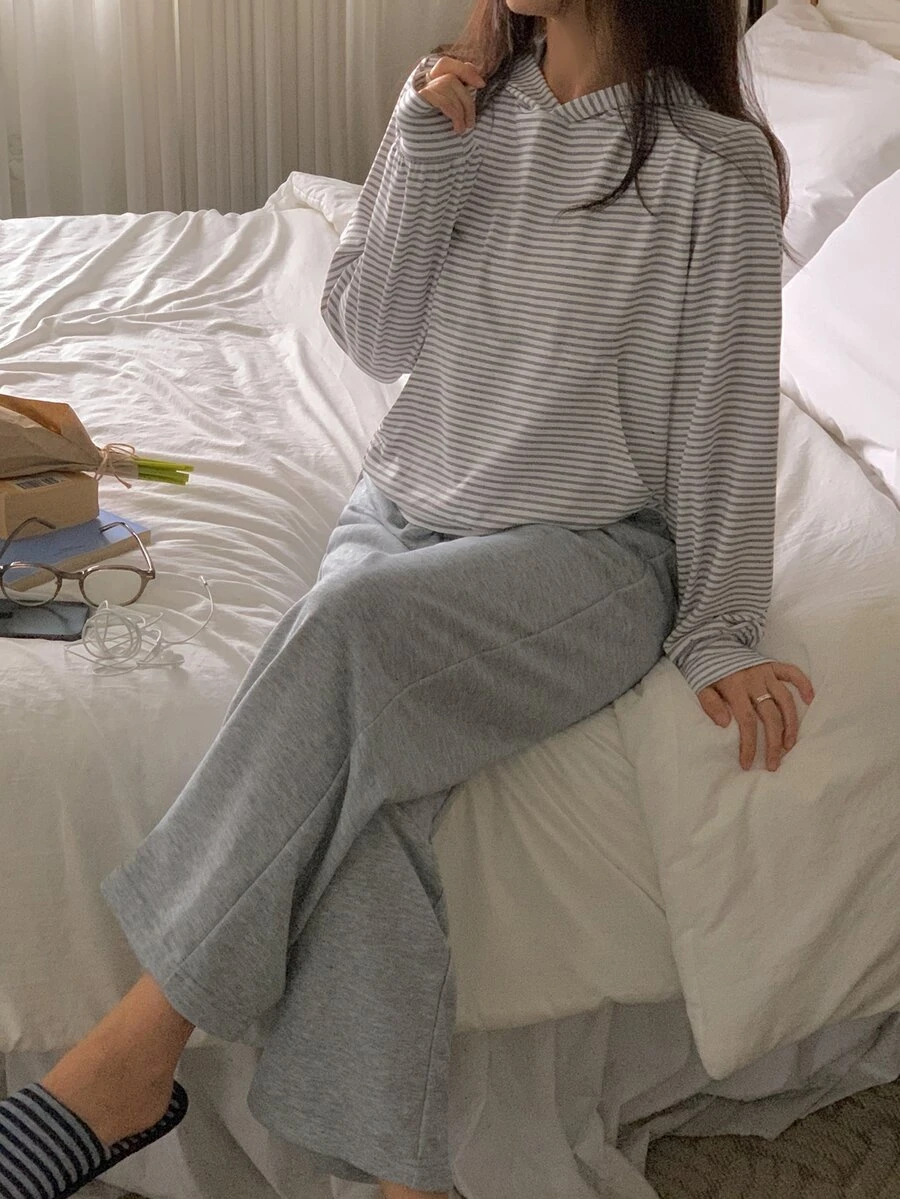 DAZY 女款條紋長袖上衣與長褲休閒居家服套裝 - 灰色 - 查看 1