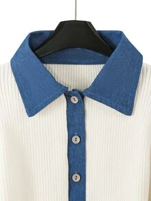 GlowEve Women's Fashion Ribbed Knit Denim Collar Patchwork Slim Fit Cropped Cardigan - White - View 3