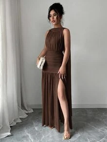 Elenzga 女款長洋裝，肩帶設計、綁繩細節與開衩 - 棕色 - 查看 6