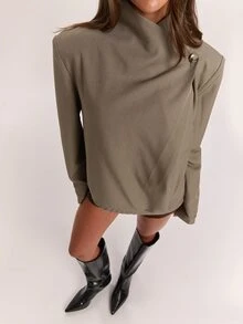 SHEIN BAE Jaket Kasual Wanita Warna Polos Lengan Panjang Desain Tumpang Tindih dengan Dekorasi Kancing - Mocha Brown - View 7