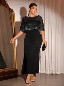 Cravure Plus Size Women's Autumn/Winter New Black Knit Off-Shoulder Mesh Shawl Rhinestone High Waist Slimming Mermaid Long Dress For Formal Occasions, Party, Banquet - Black - View 3