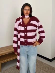 SHEIN Glamour كنزة كارديجان نسائية بياقة على شكل حرف V وأزرار وتصميم كتل لونية مع وشاح - الأحمر - مشاهدة 4