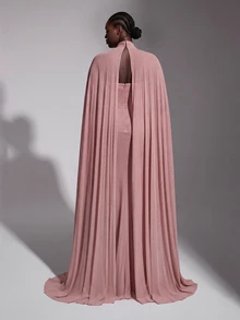 Elitara Plus Size New Elegant Glamorous Pink Mesh V-Neck Flutter Sleeve Ruched Decor Fitted Bodycon Mermaid Hem Long Evening Gown Dress For Wedding Events And All Formal Occasions - Dusty Pink - View 3