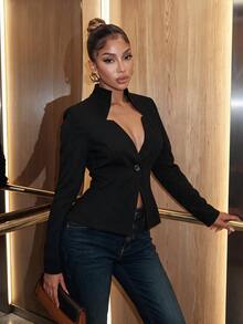 SHEIN SXY Women's Street Style Button Waist Cinched Blazer Jacket - Black - View 3