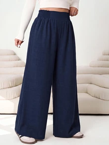 SHEIN CURVE+ 大尺碼女款素色百褶休閒百搭日常穿著長褲 - 藏蓝色 - 查看 4