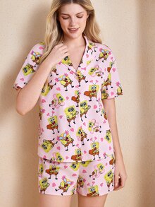 SpongeBob SquarePants | SHEIN Women's Cartoon Pattern Print Short Sleeve Top And Shorts Pajama Set - Pink - View 3