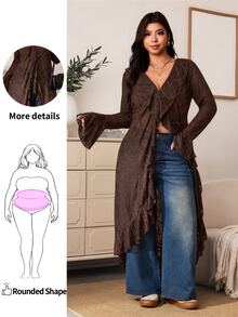 Enliva Plus Size Women's Lace Longline Cardigan Open Front Ruffle Bell Sleeve Duster Halloween Inspired Boho Witchy Cover Up Flattering Compatible With Apple Shape - Brown - View 1