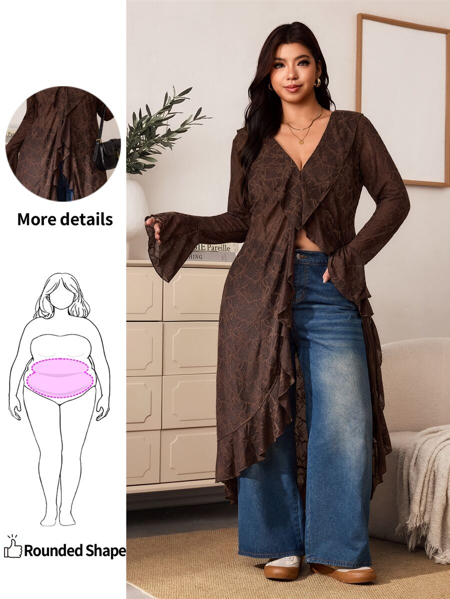 Enliva Plus Size Women's Lace Longline Cardigan Open Front Ruffle Bell Sleeve Duster Halloween Inspired Boho Witchy Cover Up Flattering Compatible With Apple Shape - Brown - View 1