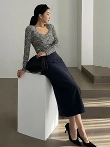 DAZY 女款直筒開衩裙，適合約會、度假、派對、日常外出、聚會、戶外活動 - 藏蓝色 - 查看 5