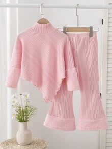 SHEIN Elladie kids 女童高領毛絨兩件套，粉色上衣搭配不對稱下擺與人造毛袖口，配對羅紋喇叭褲，適合秋季7歲生日 - 粉色 - 查看 2