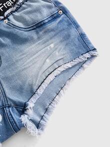Paul Frank X ROMWE Women's Vintage Y2K Low Waist 2 In 1 Denim Shorts With Panty Edge - Blue - View 4