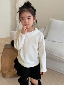 DAZY Áo bé gái màu trơn cổ tròn phối ren thời trang đa năng - Màu be - Xem 3
