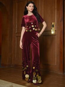 Anewsta Women's Round Neck Short Sleeve Hand-Embellished Sequin Top And Pants 2 Pieces Set - Burgundy - View 3