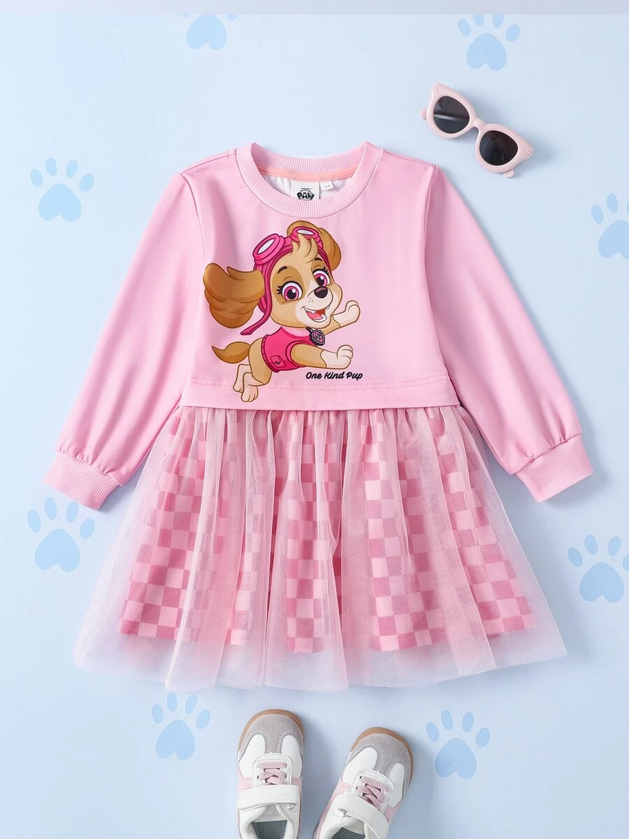 SHEIN | PAW Patrol 女童卡通印花網格格紋長袖洋裝 - 粉色 - 查看 1