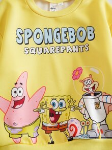 SpongeBob SquarePants | SHEIN Young Boy Cartoon Print Long Sleeve Sweatshirt And Jogger Pants Set - Yellow - View 4